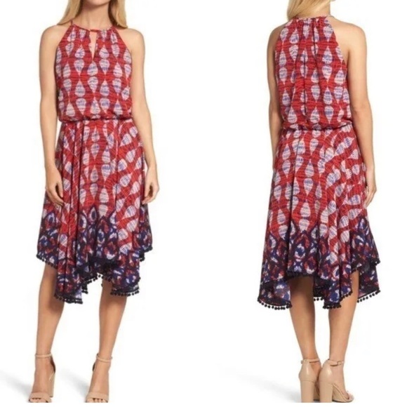 MAGGY LONDON Red White & Blue Patterned Handkerchief Hem A Line Dress Sz 4 - Picture 1 of 8